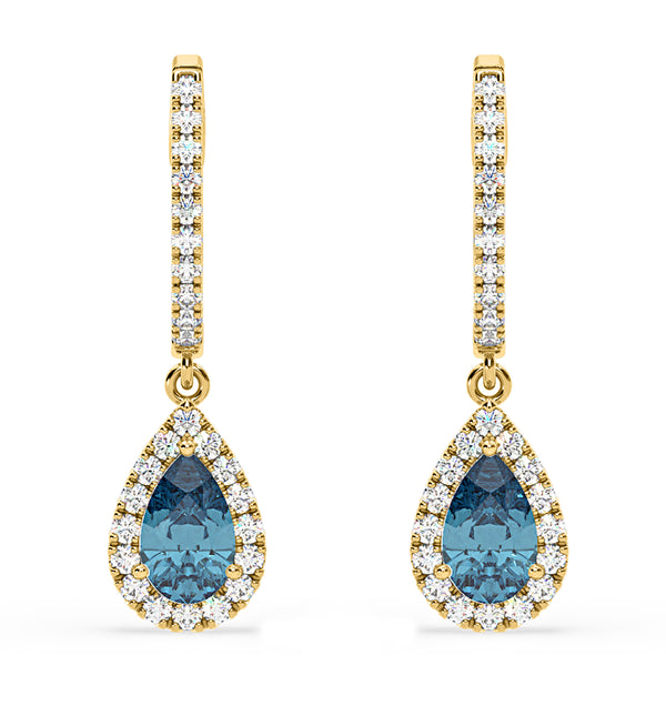 Diana Blue Lab Diamond 1.48ct Pear Halo Drop Earrings in 18K Yellow Gold - Elara Collection
